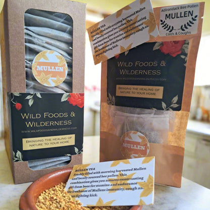Fight coughs and colds and flu! Wild foraged Mullein leaf with added Bee Pollen For Stamina!